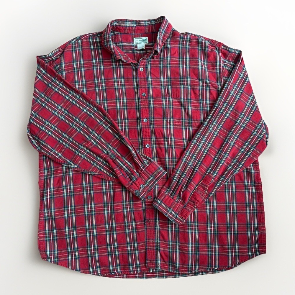 L.L.Bean Men's XXL Flannel Shirt Red Green Plaid Long Sleeve 100%‎ Cotton